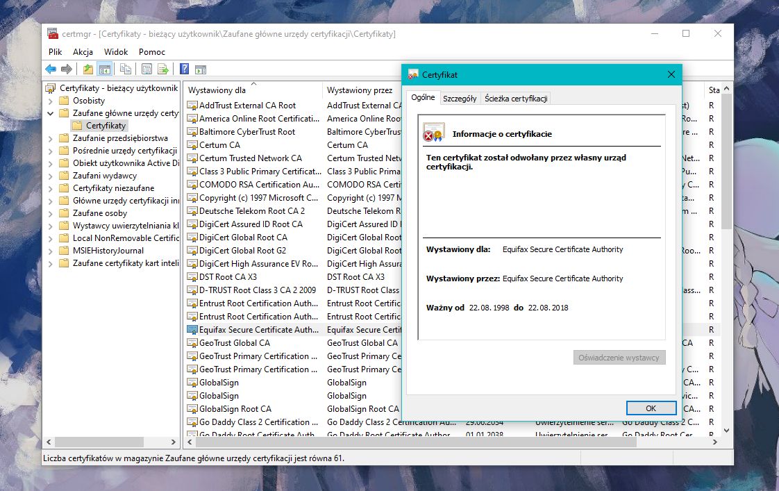 Certyfikat niesławnego Equifax jest wbudowany w Windows, ale system wie, że jest odwołany przez CRL