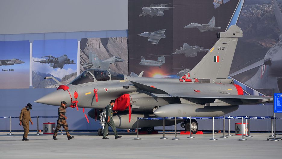 GHAZIABAD, INDIA  OCTOBER 6: Indian Air Force Rafael fighter aircraft on display during the full dress rehearsal for the 88th Indian Air Force Day celebrations, at Hindon Airbase, on October 6, 2020 in Ghaziabad, India. The Tejas LCA, Jaguar, Mig-29, Mig-21 and Sukhoi-30 aircraft were part of the rehearsal, besides the newly inducted Rafale fighter jet, an IAF official said. The Air Force Day is celebrated to mark the day the Indian Air Force was established in 1932. The force will celebrate its 88th anniversary this year. (Photo by Mohd Zakir/Hindustan Times via Getty Images)