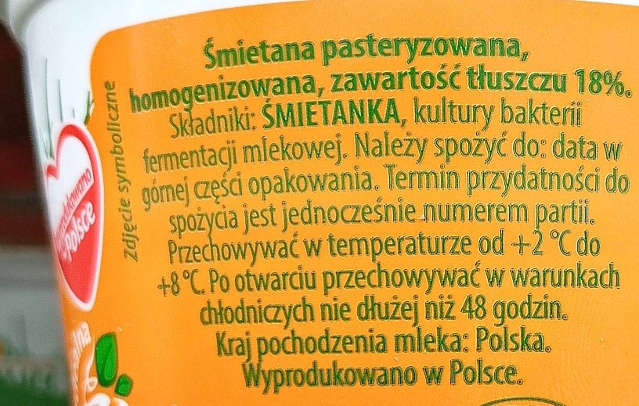 Przykładowy skład śmietany 18 proc.