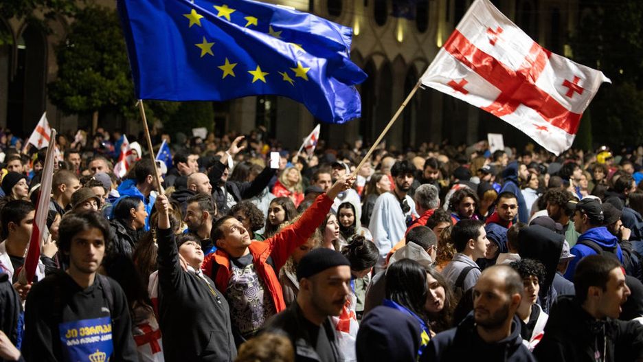 Georgians Protest Against Foreign Agent Bill
Protesters outside the parliament during an opposition rally against the draft foreign agent bill in Tbilisi, Georgia, on Sunday, May 12, 2024. Georgia's premier says his ruling party will press ahead with its plan to pass a bill against so-called foreign influence in the next two days, despite mass rallies and protests in the country and abroad and criticisms from Western allies. Photographer: Andrey Rudakov/Bloomberg via Getty Images
Bloomberg
demonstrations, protests, european, georgian, demonstration, protestors, demonstrators, rally, eastern european countries, emea, unrest, protests, strikes, georgia (republic)
