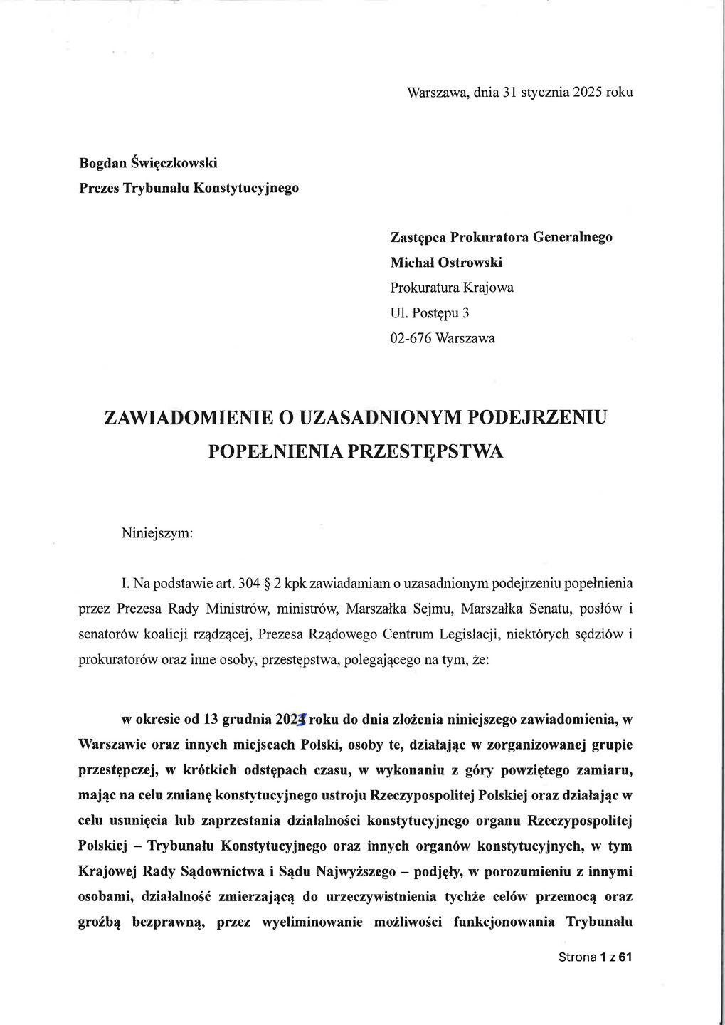 Zawiadomienie Święczkowskiego