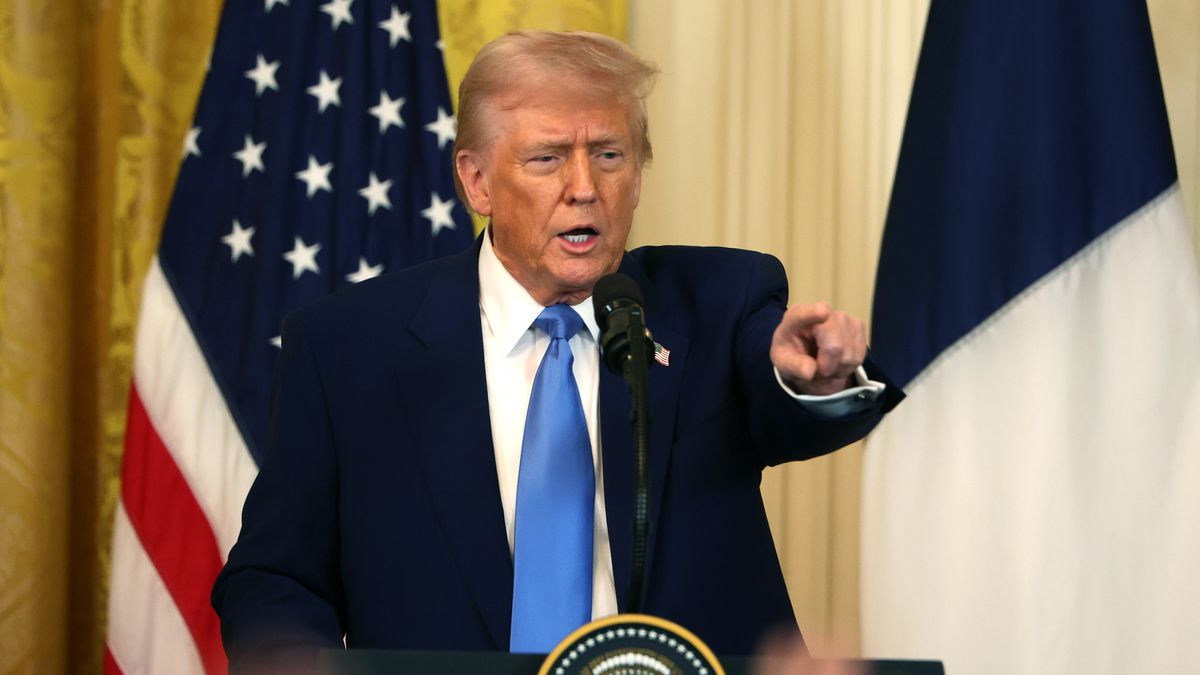 WASHINGTON, DC - FEBRUARY 24: U.S. President Donald Trump delivers remarks during a joint press conference with French President Emmanuel Macron in the East Room at the White House on February 24, 2025 in Washington, DC. Macron is meeting with Trump in Washington on the third anniversary of Russia's full-scale military invasion of Ukraine. (Photo by Tasos Katopodis/Getty Images)