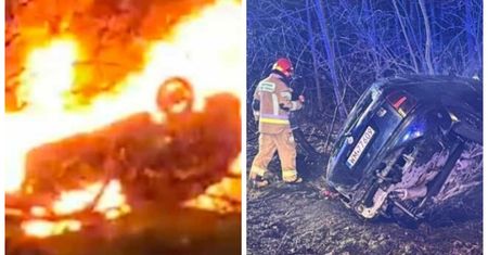 Dachowanie pojazdu w Wawrze. Auto stanęło w ogniu