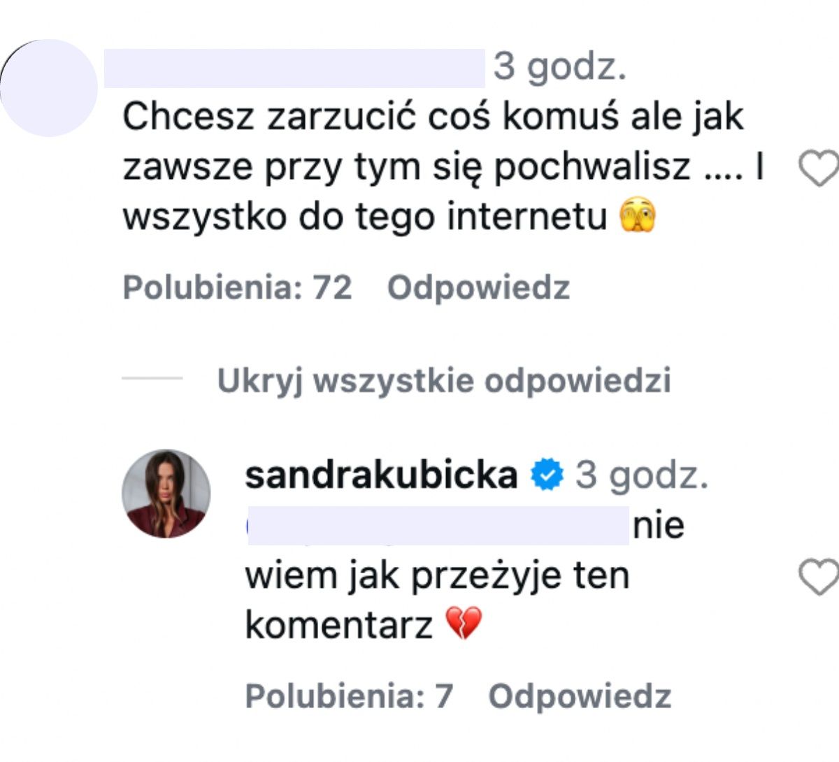 Sandra Kubicka odpowiada na hejt