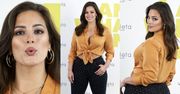 Odchudzona Ashley Graham posyła buziaczki ze ścianki w Madrycie
