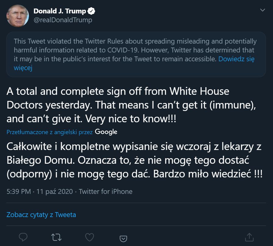oznaczony jako szkodliwy wpis Donalda Trumpa na Twitterze, fot. Jakub Krawczyński