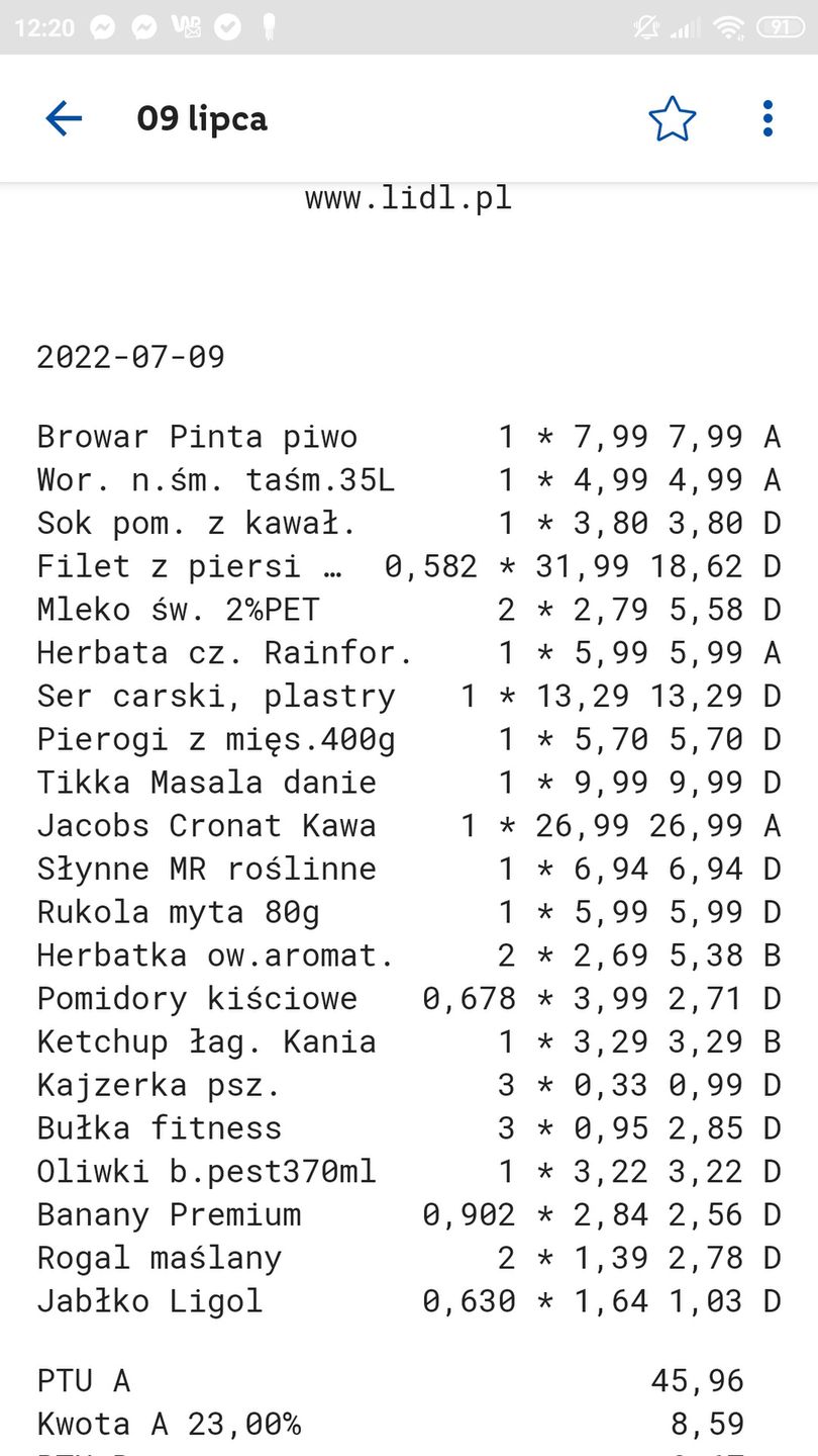 Paragony pokazujące wzrost cen produktów spożywczych