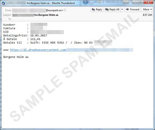 Przykład wiadomości e-mail mającej na celu wprowadzenie użytkownika w błąd i przeprowadzenie ataku typu TorrentLocker
