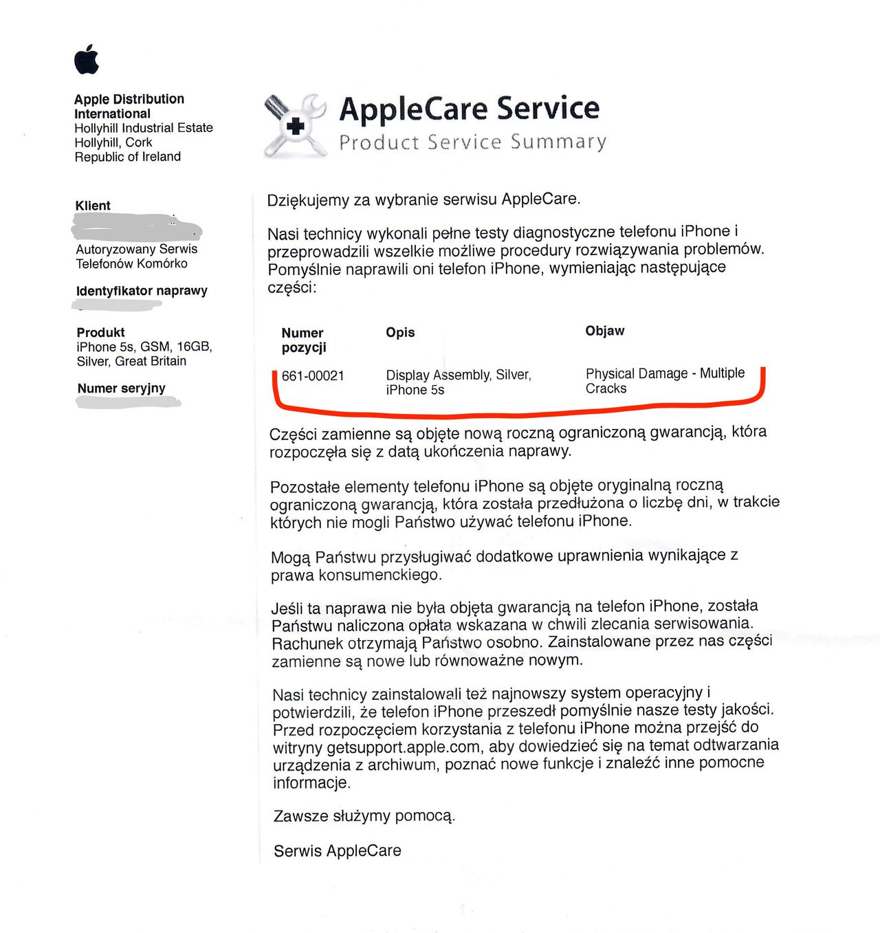 Potwierdzenie naprawy z centrum serwisowego Apple. Dołączane jest do każdego, naprawianego urządzenia.