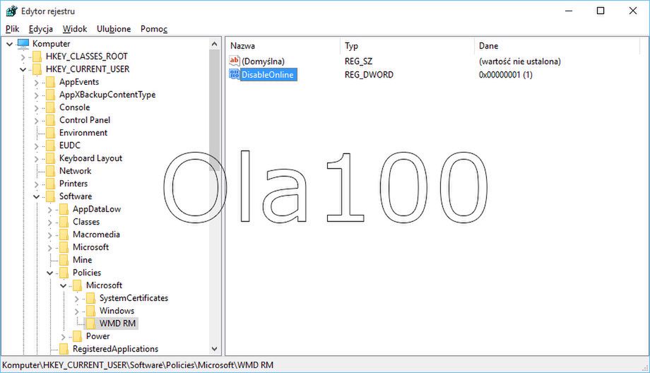 HKEY_LOCAL_MACHINE\SOFTWARE\Policies\Microsoft\WMD RM\DisableOnline