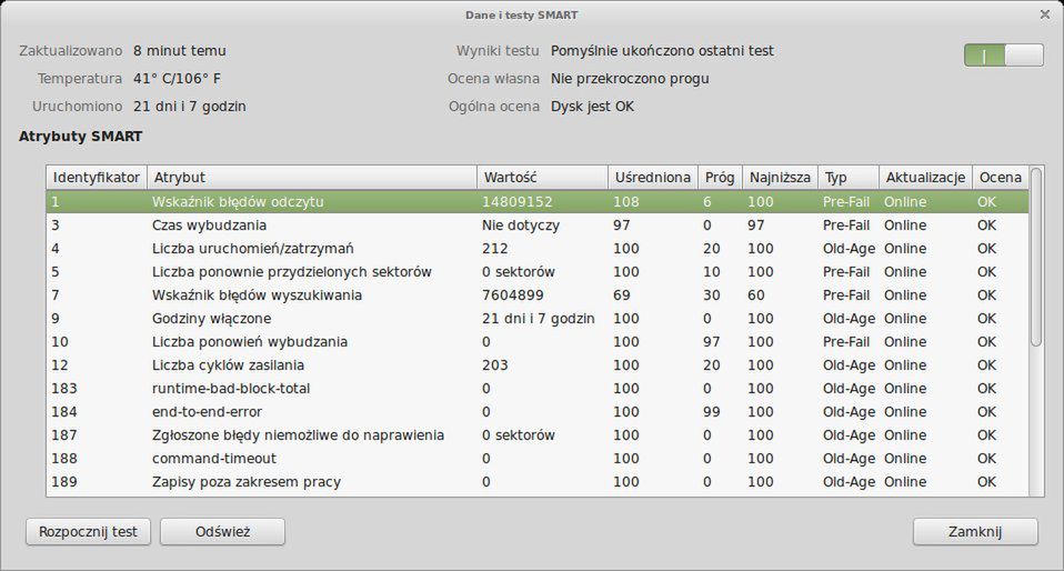 Dane i testy SMART w programie Dyski.