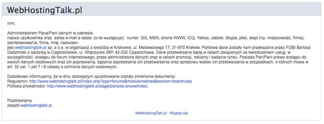 Informacja o nowym regulaminie, rozesłana po przejęciu WebhostingTalk.pl