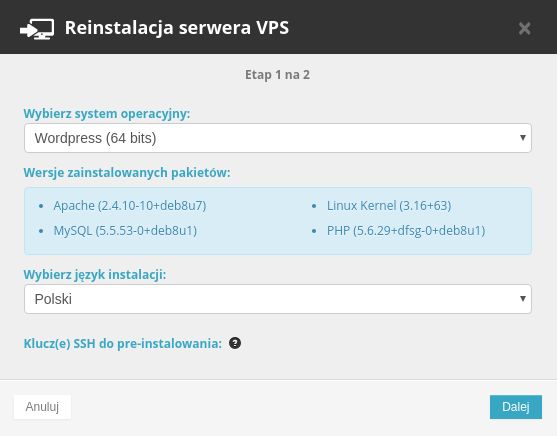 Wybór obrazu, z którego zostanie zainstalowany VPS