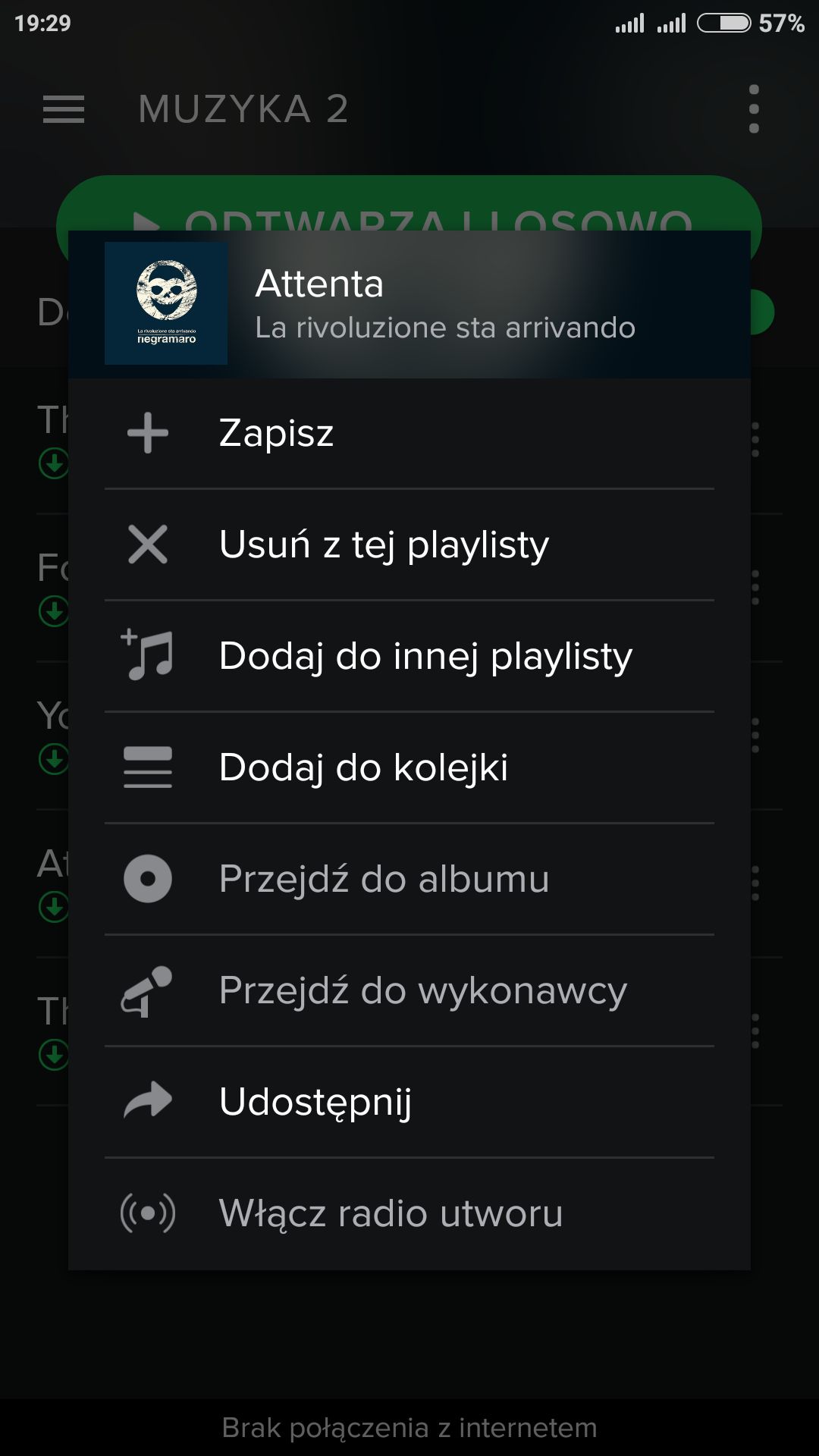 Menu podręczne utworu playlisty w Androidzie