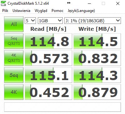 CrystalDiskMark (dysk podłączony do portu USB 3.0)