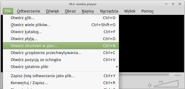 VLC - otwieranie strumienia video.