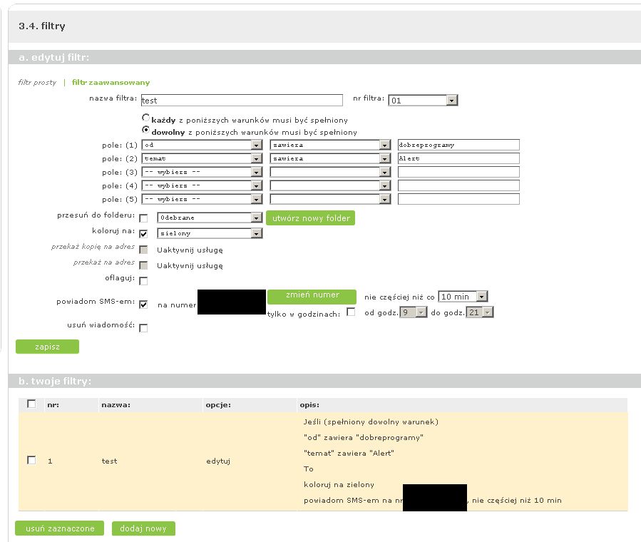 Filtr powiadomienia smsem dla przychodzącej poczty (poczta.wp.pl)