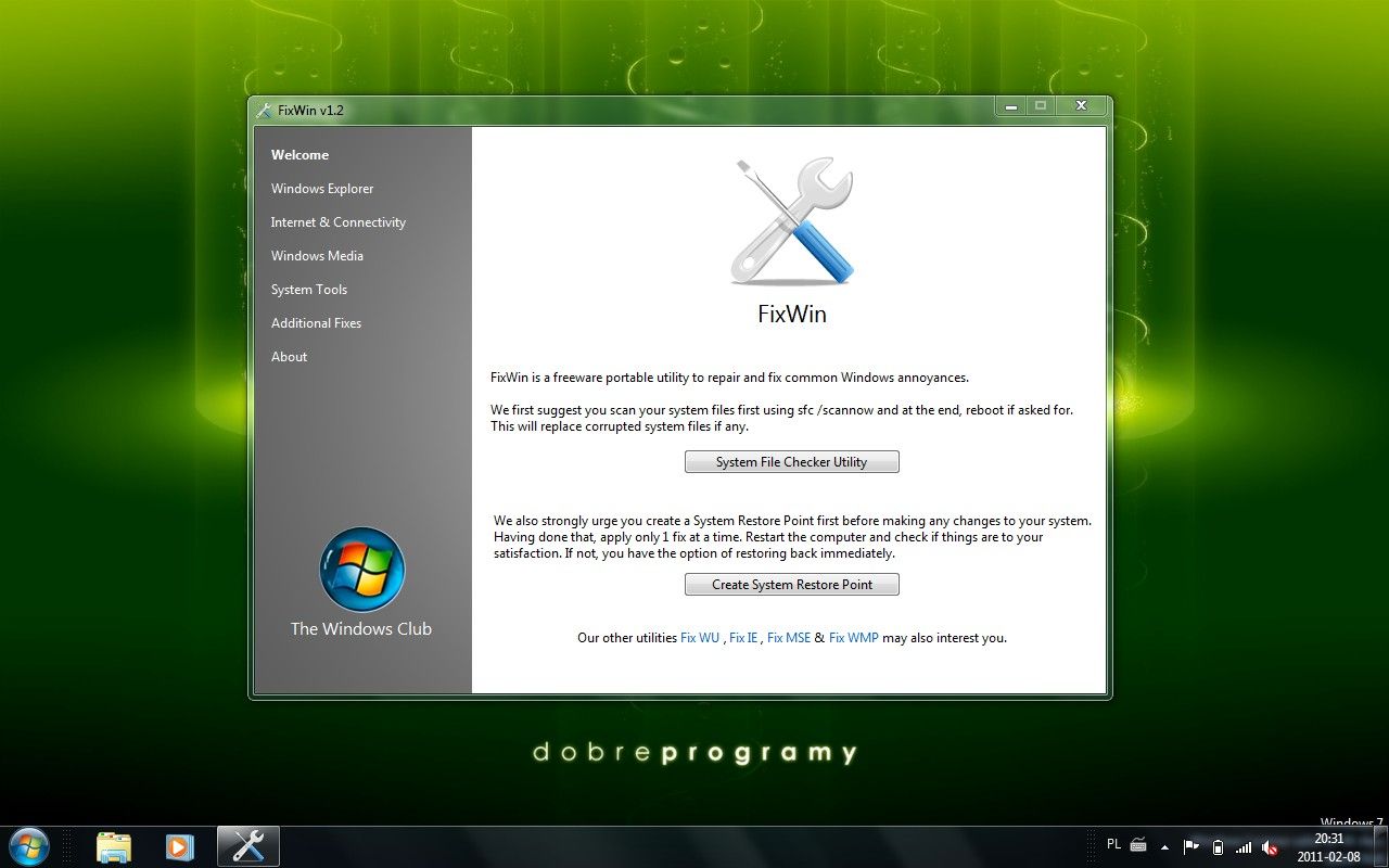 FixWin - ekran powitalny