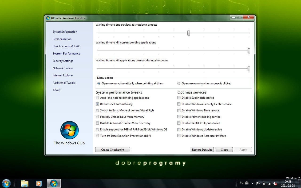Ultimate Windows Tweaker - działanie systemu