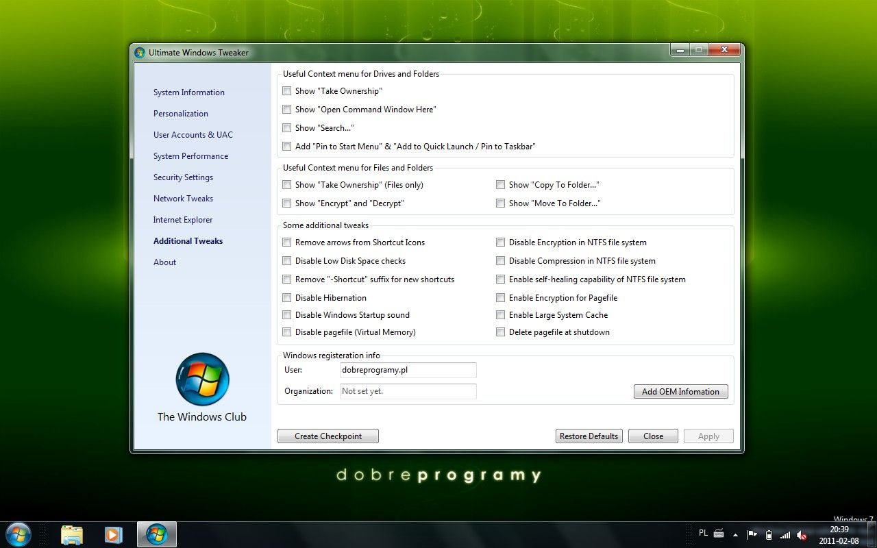 Ultimate Windows Tweaker - dodatkowe zmiany
