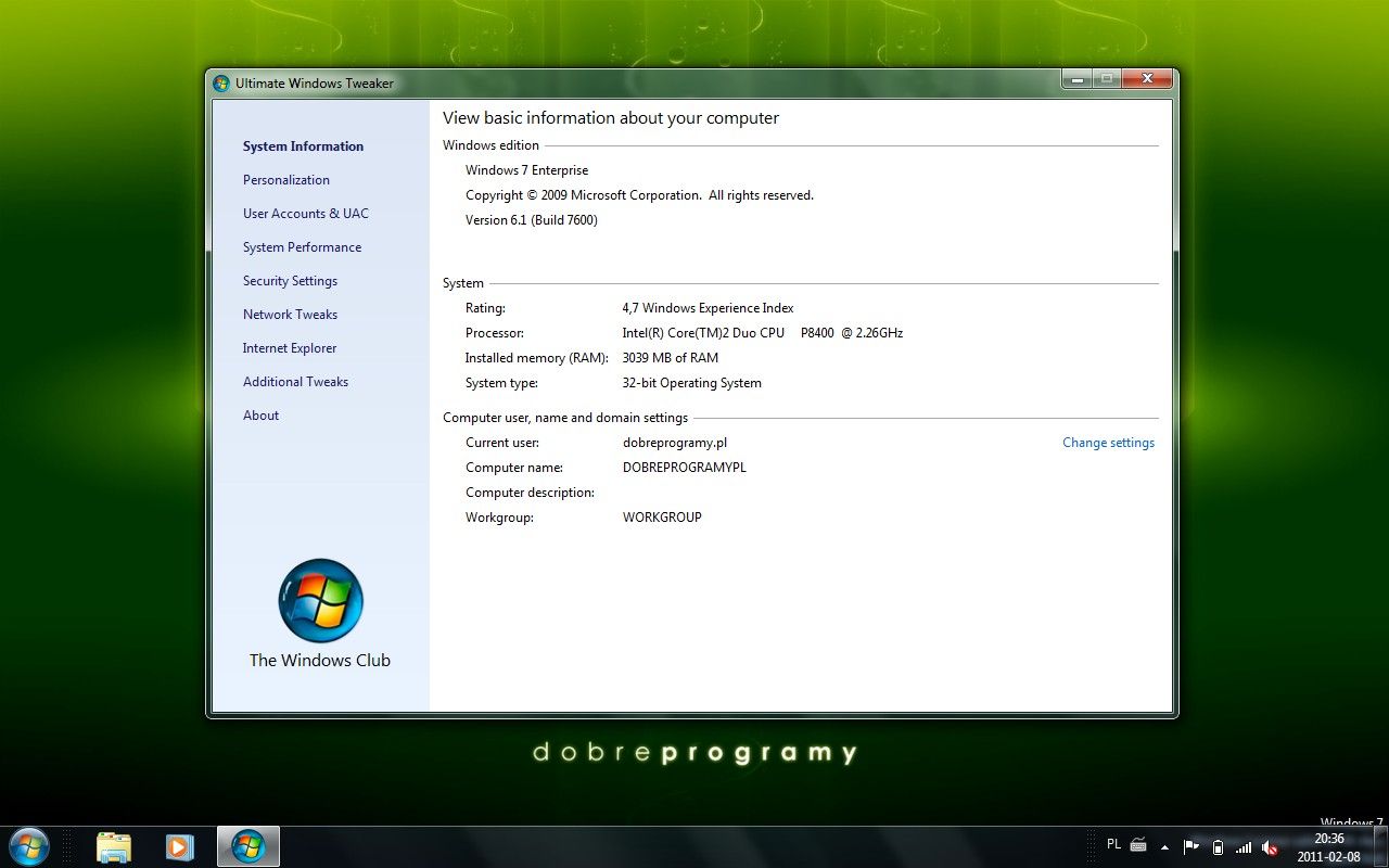 Ultimate Windows Tweaker - informacje o systemie