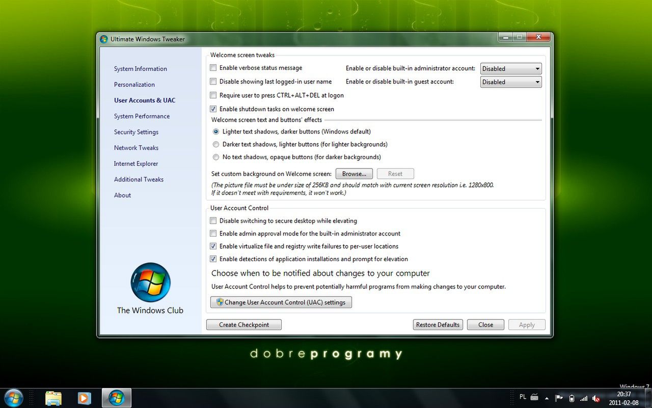 Ultimate Windows Tweaker - ustawienia kont