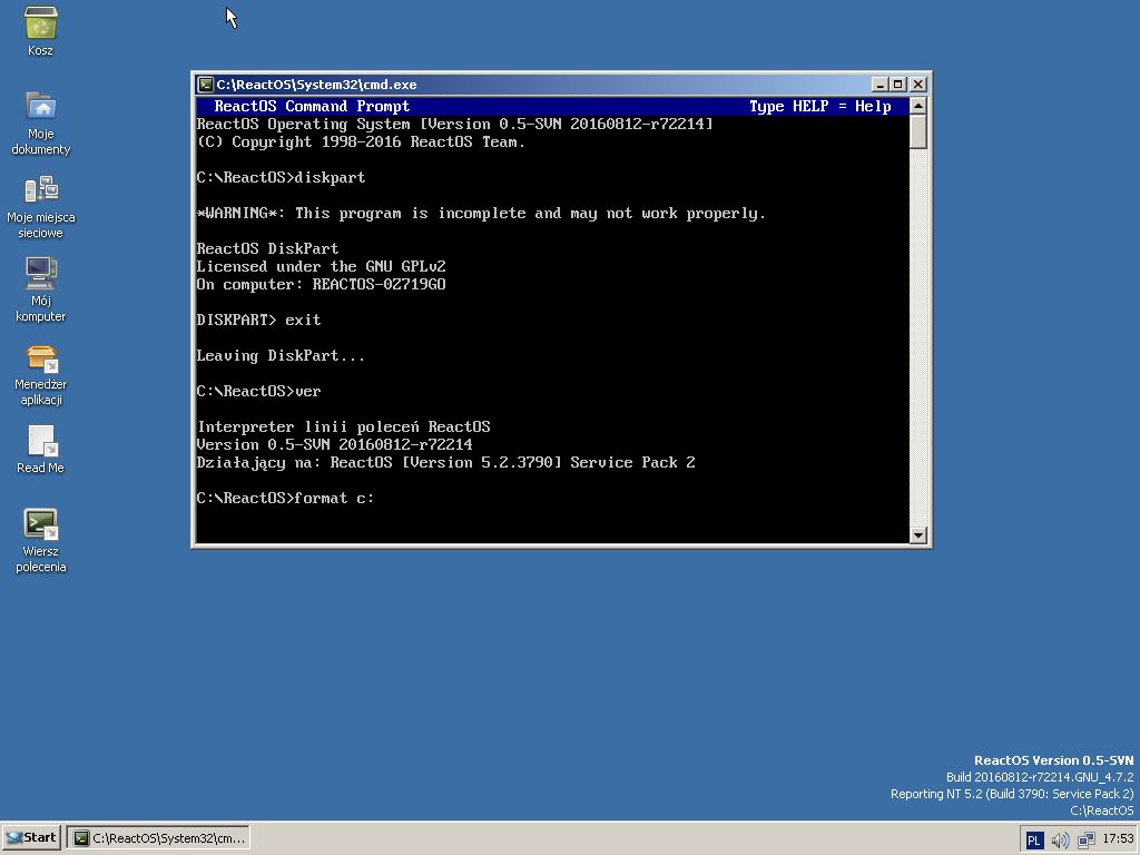 Konsola to podstawa, nawet w Windows. ReactOS przedstawia się jako NT 5.2