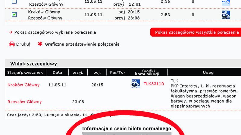 Na stronie internetowej bilet do Rzeszowa jest droższy o 7 zł
