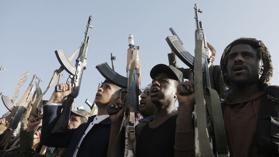 SANA'A, YEMEN - NOVEMBER 15: Yemen's Houthi followers chant slogans as they take part in a protest staged against Israel's war on Gaza and Lebanon, on November 15, 2024, in Sana'a, Yemen. (Photo by Mohammed Hamoud/Getty Images)