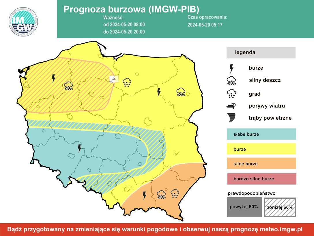 Prognoza burzowa IMGW na poniedziałek, 20 maja 2024