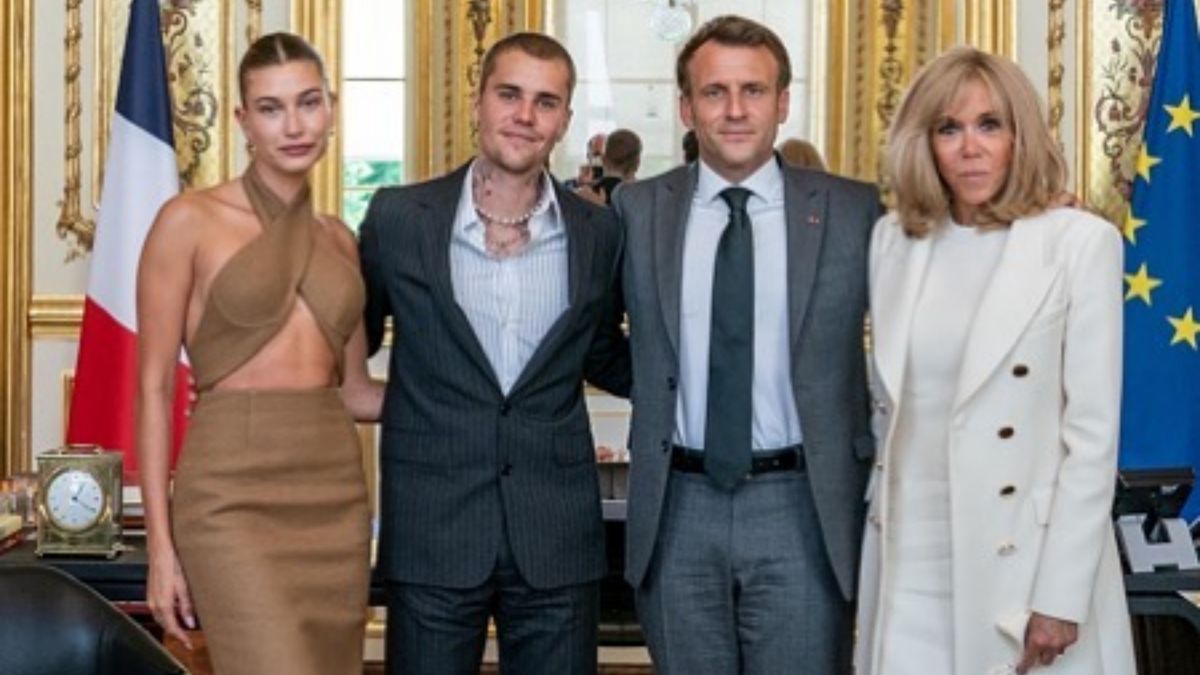 Justin Bieber i Hailey Bieber podczas spotkania z prezydentem Francji Emmanuelem Macronem i jego żoną Brigitte Macron