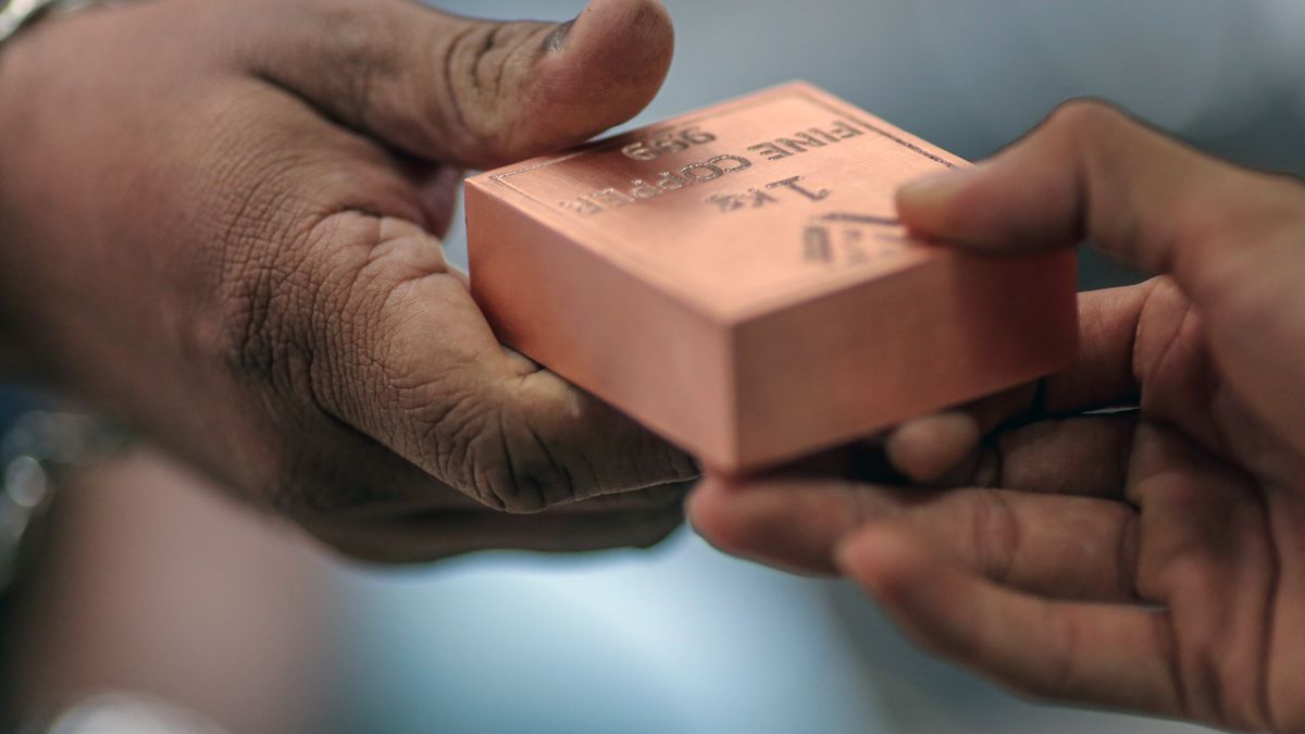 A one kilogram copper bar at a wholesale metal market in Mumbai, India, on Thursday, Jan 8, 2026. The race for artificial intelligence and surging defense spending are set to intensify a projected shortage of copper as producers struggle to expand, according to a new study by S&P Global. Photographer: Dhiraj Singh/Bloomberg via Getty Images