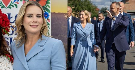 Marta Nawrocka w błękicie na dożynkach. Stylistka dosadnie ocenia: "Mniej kombinowania"