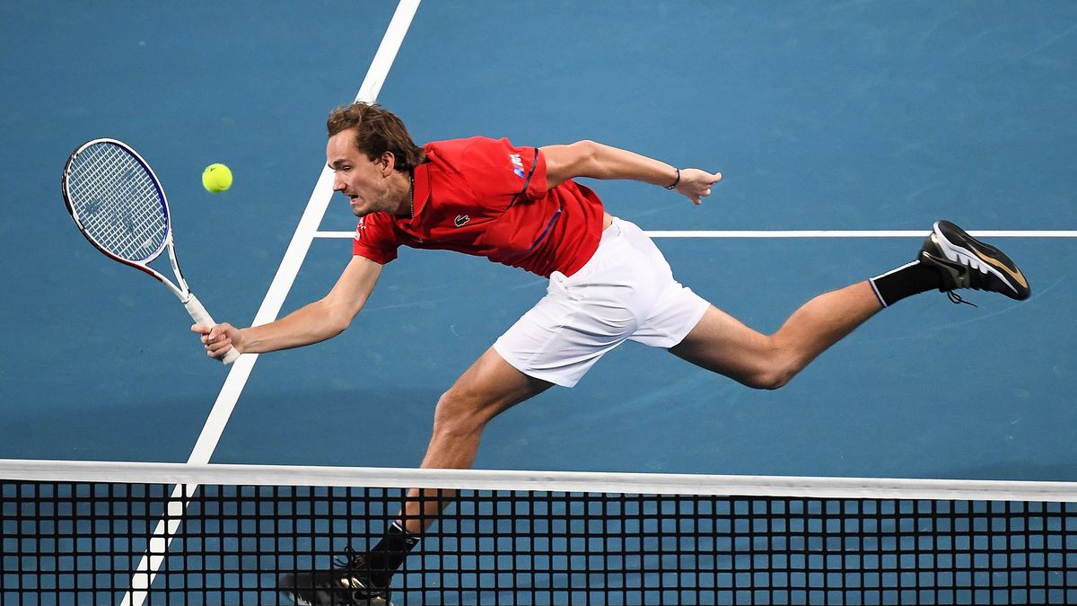 PERTH, AUSTRALIA - JANUARY 03: Danil Medvedev dives for a shot in his  doubles match versus Team Italy during day one of the 2020 ATP Cup Group Stage at RAC Arena on January 03, 2020 in Perth, Australia. (Photo by Daniel Carson/Getty Images)