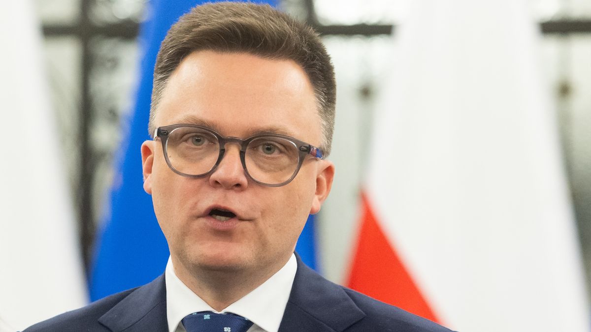 Szymon Holownia is participating in the parliamentary debate on the appointment of Donald Tusk's government in Warsaw, Poland, on December 12, 2023. (Photo by Foto Olimpik/NurPhoto via Getty Images)