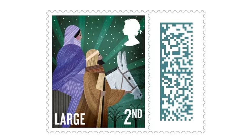 Одна з марок останнього різдвяного набору з профілем Єлизавети. Марія та Йосип ідуть у Віфлеєм