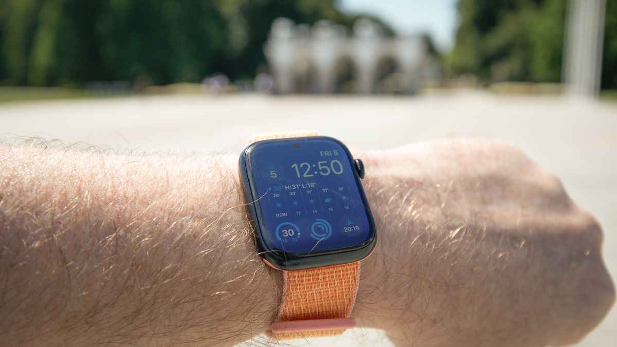 The photographers Apple Watch is seen displaying the temperature at noon in Warsaw, Poland on 5 August, 2022. Warnings have been given out for severe high temperatures throughout Poland with some regions reaching highs of 35 degrees Celsius. (Photo by STR/NurPhoto via Getty Images)