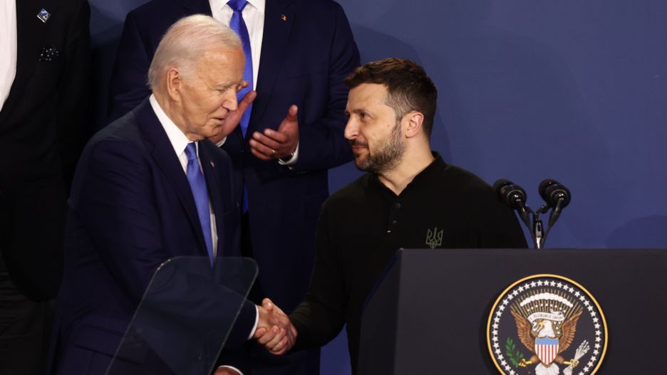 President of United States Joe Biden and President of Ukraine Volodymyr Zelensky at the Ukraine Compact during the final day of the NATO Summit in Washington DC, United States on July 11, 2024. (Photo by Jakub Porzycki/NurPhoto via Getty Images)