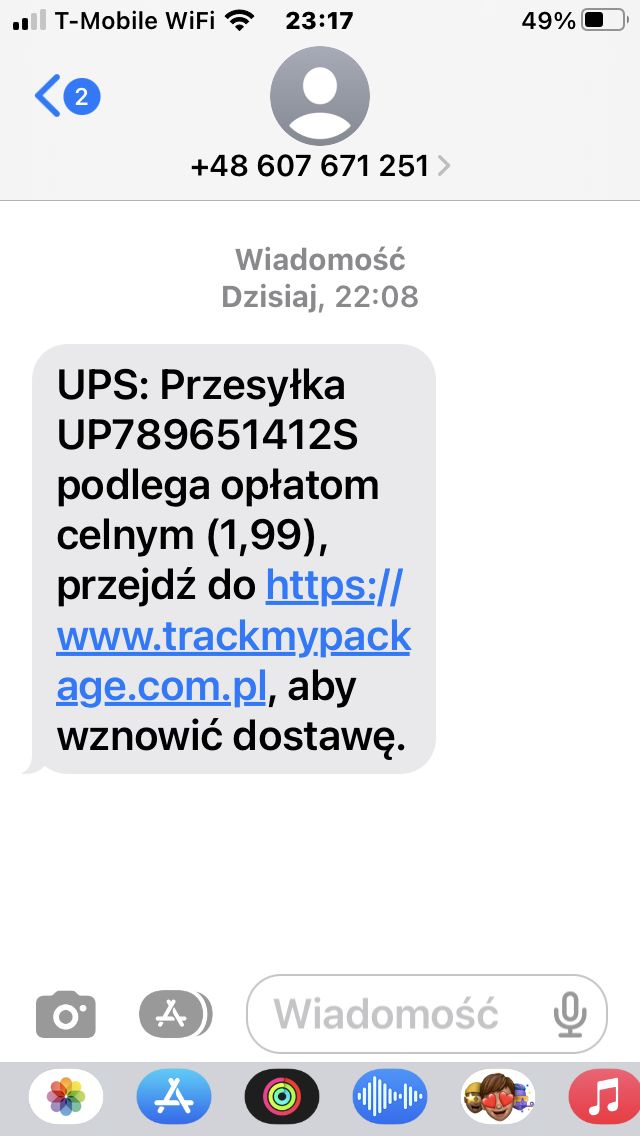 Przykładowy, fałszywy SMS