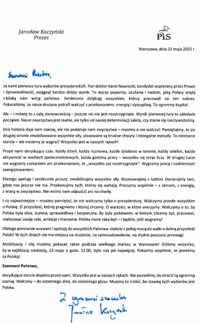 List prezesa PiS