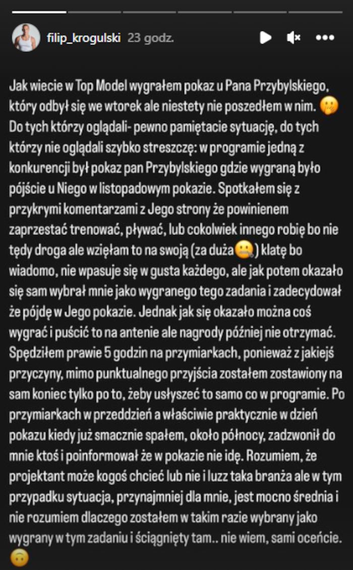 Filip z "Top Model" zabiera głos