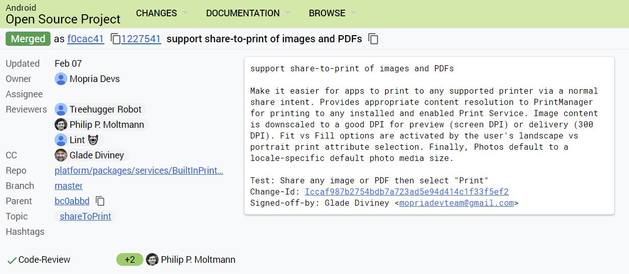 Commit dotyczący wygodnego drukowania w Androidzie, źródło: AOSP.