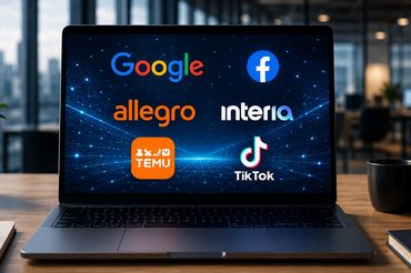 Laptop z logami czołowych marek internetowych, fot. Chat GPT