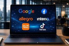Laptop z logami czołowych marek internetowych, fot. Chat GPT