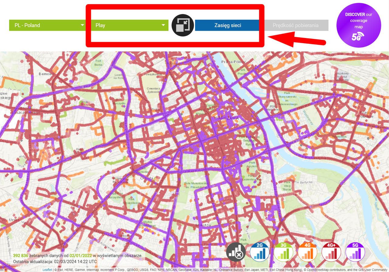 Mapa zasięgu nPerf - przykładowe filtrowanie, centrum Warszawy