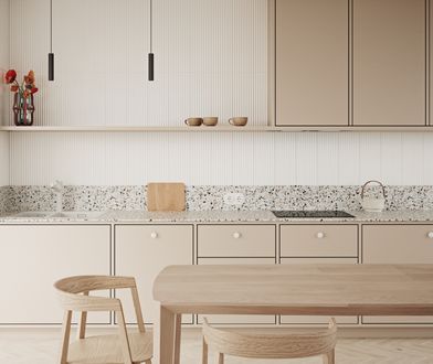 Dekory użyte w aranżacji:
Blat Ultrafit: S68048 UR Abruzzo Colore,
Płytę laminowaną z Kolekcji Mood Stories: U16003 Beż Piaskowy
