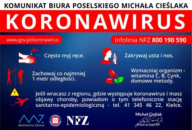 Koronawirus: informacje dla rodziców, pracowników i pracodawców – komunikat biura poselskiego Posła Michała Cieślaka