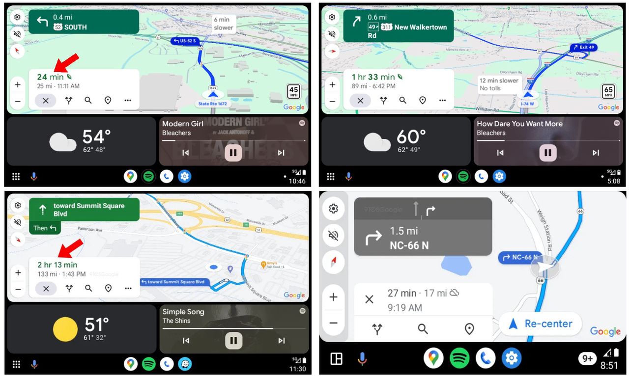 Nowy (na górze) i stary (na dole) wygląd pozostałego czasu dojazdu w Mapach Google (Android Auto)