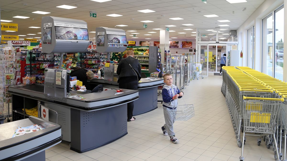 Bialystok, 23.06.2015. Na osiedlu Lesna Dolina przy ul. sw. Andrzeja Boboli powstal nowy sklep PSS Spolem. Zatrudnil około 35 pracownikow. N/z wnetrze sklepu kasy