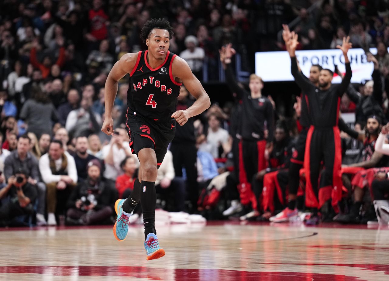 TORONTO, ON - JANUARY 18: Scottie Barnes #4 of the Toronto Raptors runs back up the court after scoring a three point shot against the Chicago Bulls during the second half of their basketball game at the Scotiabank Arena on January 18, 2024 in Toronto, Ontario, Canada. NOTE TO USER: User expressly acknowledges and agrees that, by downloading and/or using this Photograph, user is consenting to the terms and conditions of the Getty Images License Agreement. (Photo by Mark Blinch/Getty Images)